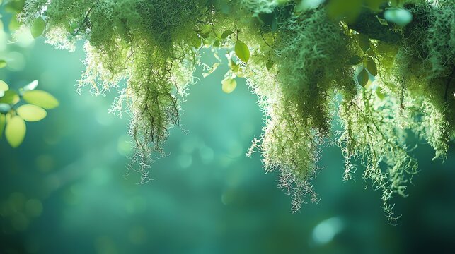 A surreal photo of oakmoss suspended in a soft green glow, with fine details highlighted Oakmoss, Fougere advertising photography