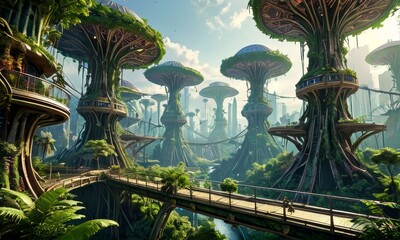 Fototapeta premium Futuristic Tree Cityscape with Skywalks