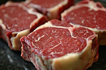 Obraz premium Fresh raw red meat beef steak sliced on dark background