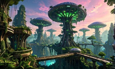 Futuristic Tree Cityscape with Skywalks