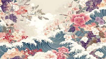 A vintage Japanese fabric pattern with delicate floral and wave motifs, 2D style, hyper-realistic, sharp images, high quality