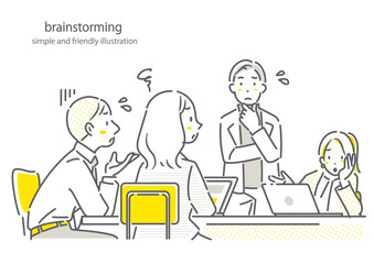 ビジネスミーティングで話し合いをする人々　シンプルでお洒落な線画イラスト