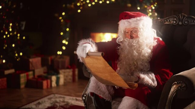 Inside Santa Claus home, old wizard relaxing in chair and reading ancient scroll . Magical Christmas night, Santa examining old manuscript, portrait in decorated room, actor with long white beard