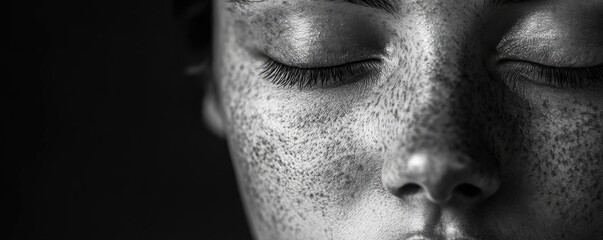 Obraz premium A close-up black and white portrait highlighting the beauty of textured skin and serene expression.