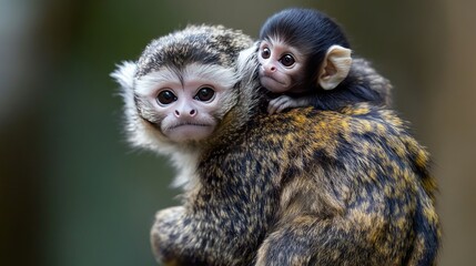 Obraz premium A baby marmoset clinging to its mother back, showcasing the close bond between them.