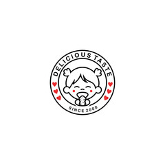 Cute little girl logo eating cake in circle emblem, suitable for cake shop or food business