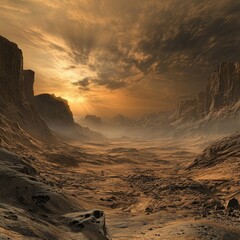 Naklejka premium A barren Martian landscape with craggy cliffs, deep craters, and rocky hills under a swirling sky