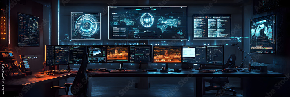 Poster cybersecurity command center with multiple screens and data visualizations, dark ambient lighting, w