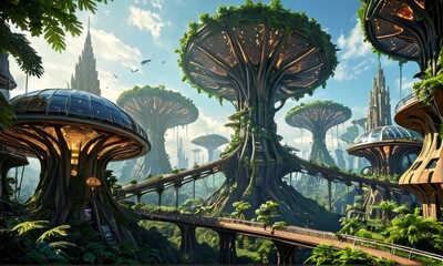 Futuristic Tree Cityscape with Skywalks