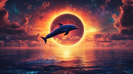 A majestic dolphin leaps from the ocean against a vibrant, surreal sunset with an eclipse-like glowing orb in the sky.