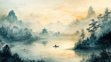 Serene landscape depicting a boat on a calm river surrounded by misty mountains and a tranquil sky at dawn.
