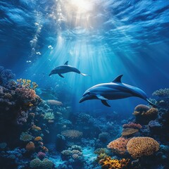 Fototapeta premium A captivating underwater landscape with dolphins swimming over coral reefs, illuminated by the sunlight breaking through the surface