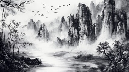 Serene monochrome landscape featuring majestic mountains, flowing water, and graceful birds in a misty environment.