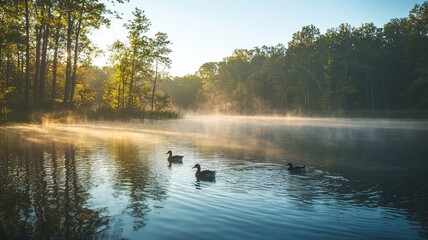 Fototapeta premium Serene morning scene featuring ducks swimming in a misty lake surrounded by lush trees and soft sunlight.
