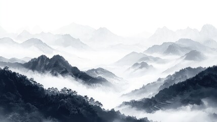 Serene mountain landscape shrouded in mist, evoking tranquility and natural beauty in a monochromatic scene.
