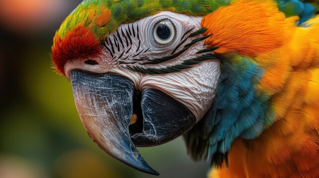 A close-up of a parrot face, highlighting its striking beak, eyes, and colorful plumage.