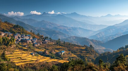 Obraz premium Stunning aerial view of terraced fields and mountain landscape, showcasing the beauty of rural agriculture and nature's serenity.