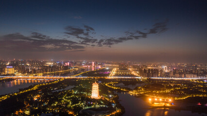 Fototapeta premium Aerial photography of the night view of the Bahe River in Xi'an, China