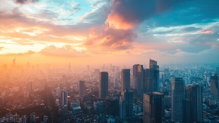 Fototapeta premium Stunning city skyline at sunset, featuring vibrant clouds and towering buildings under a colorful sky.
