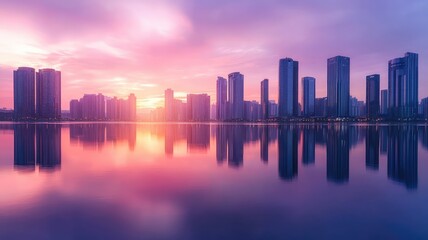 Fototapeta premium Stunning cityscape at sunset with vibrant colors reflecting on the water, showcasing modern skyscrapers and serene atmosphere.