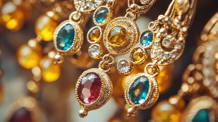 Stunning gold earrings adorned with colorful gemstones, perfect for adding elegance and charm to any outfit or collection.