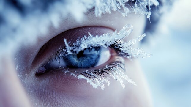 A close-up of frost-covered eyelashes on a person standing outside in the extreme cold of Oymyakon.