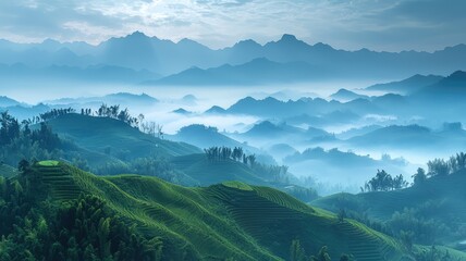 Fototapeta premium Stunning misty mountains with lush green hills, creating a serene and tranquil landscape under a cloudy sky.