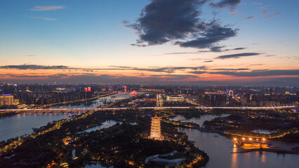 Fototapeta premium Aerial photography of the night view of the Bahe River in Xi'an, China