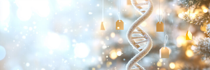 A detailed design featuring a DNA double helix artistically transformed into a New Year tree, merging the theme of genetics with festive celebration, ideal for scientific and holiday visuals