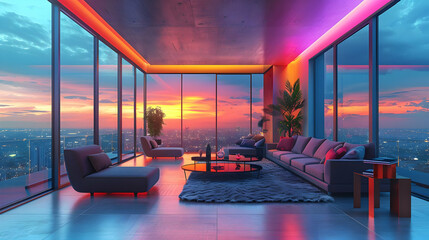 Fototapeta premium Modern Living Room with Sunset View 3D Illustration