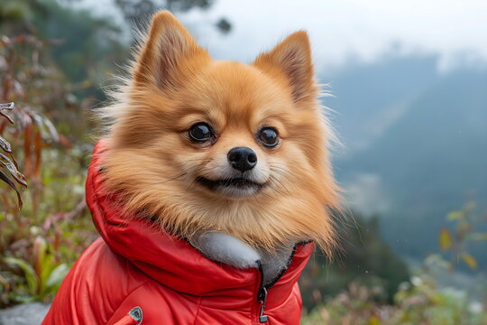 Adorable pomeranian dog in red winter jacket amid mountain scenery, pet fashion and outdoor adventure for small breeds