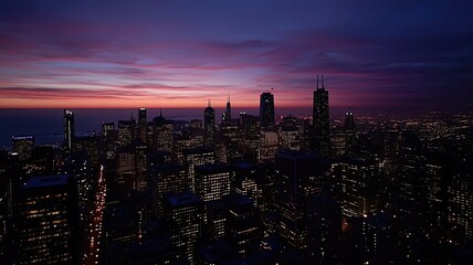 Obraz premium Stunning skyline at twilight, showcasing vibrant colors reflected on skyscrapers and serene water in the background.