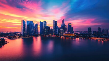 Fototapeta premium Stunning skyline at sunset, showcasing vibrant colors reflected in water with modern buildings and a picturesque atmosphere.