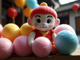 Monkey King Plush Toy in Traditional Outfit with Balloons