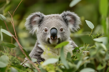 Obraz premium A close-up of a koala nestled among green foliage, showcasing its features and habitat.