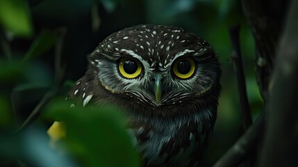 Obraz premium A collared owlet hunting in a forest, with its intense gaze and focus on potential prey.