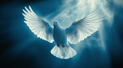 A Celestial Symbol of Divine Presence: A Majestic White Dove, Illuminated by the Divine Light, Representing the Holy Spirit