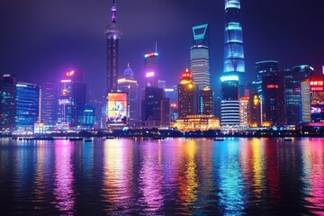 Obraz premium Vibrant city skyline at night reflecting on water, showcasing modern architecture and lights.