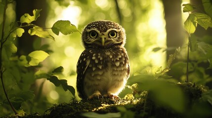 Fototapeta premium A collared owlet in a forest clearing, surrounded by dappled sunlight and greenery.