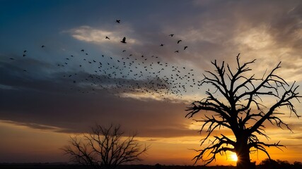 Silhouette of Birds Flying Over a Lone Dead Tree at an Amazing Sunset: Sun Rays Creating a Stunning Background