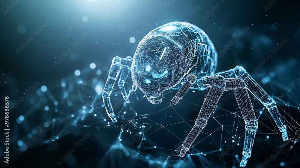 Poster a 3d digital spider web with a search engine robot navigating it, symbolizing the web-crawling funct