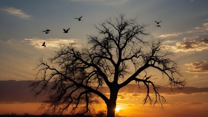 Silhouette of Birds Flying Over a Lone Dead Tree at an Amazing Sunset: Sun Rays Creating a Stunning Background