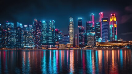 Fototapeta premium Vibrant city skyline at night with illuminated buildings reflecting in water, showcasing urban beauty and modern architecture.