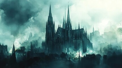 A mysterious gothic cathedral shrouded in mist, evoking an eerie atmosphere with towering spires and dark silhouettes.