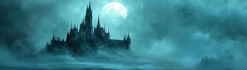 A mysterious castle rises from the mist under a glowing full moon, creating an enchanting and eerie atmosphere at night.