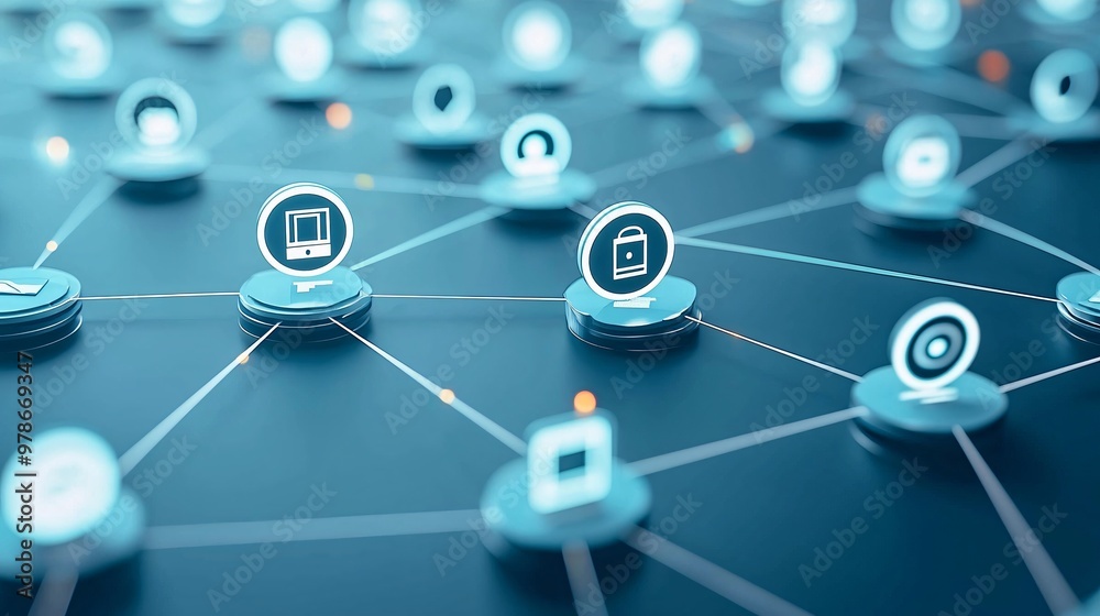 Poster a 3d network of search engine icons connected by glowing threads, symbolizing the interconnectedness