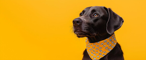 Black labrador wearing yellow paw print bandana against bright orange background with copy space. Pet accessories and modern dog fashion concepts