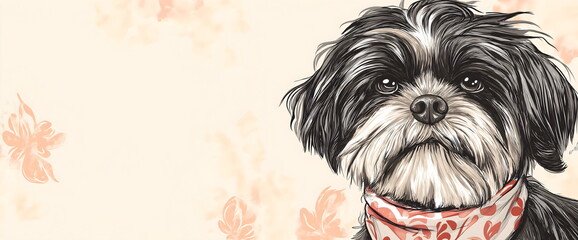 Portrait of shaggy black and white dog wearing floral bandana. Pet grooming, accessories or greeting card designs with copy space