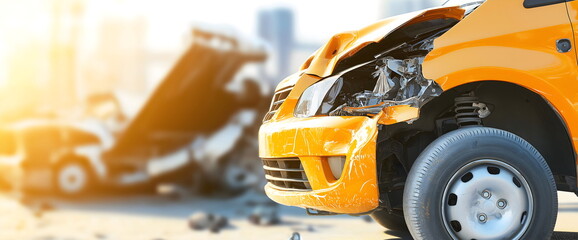 Damaged yellow car after collision. Auto insurance and road safety campaigns
