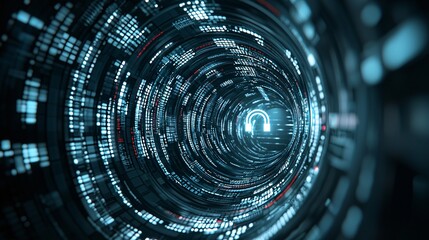 A 3D search engine logo in the center of a swirling vortex of data, symbolizing the epicenter of information retrieval